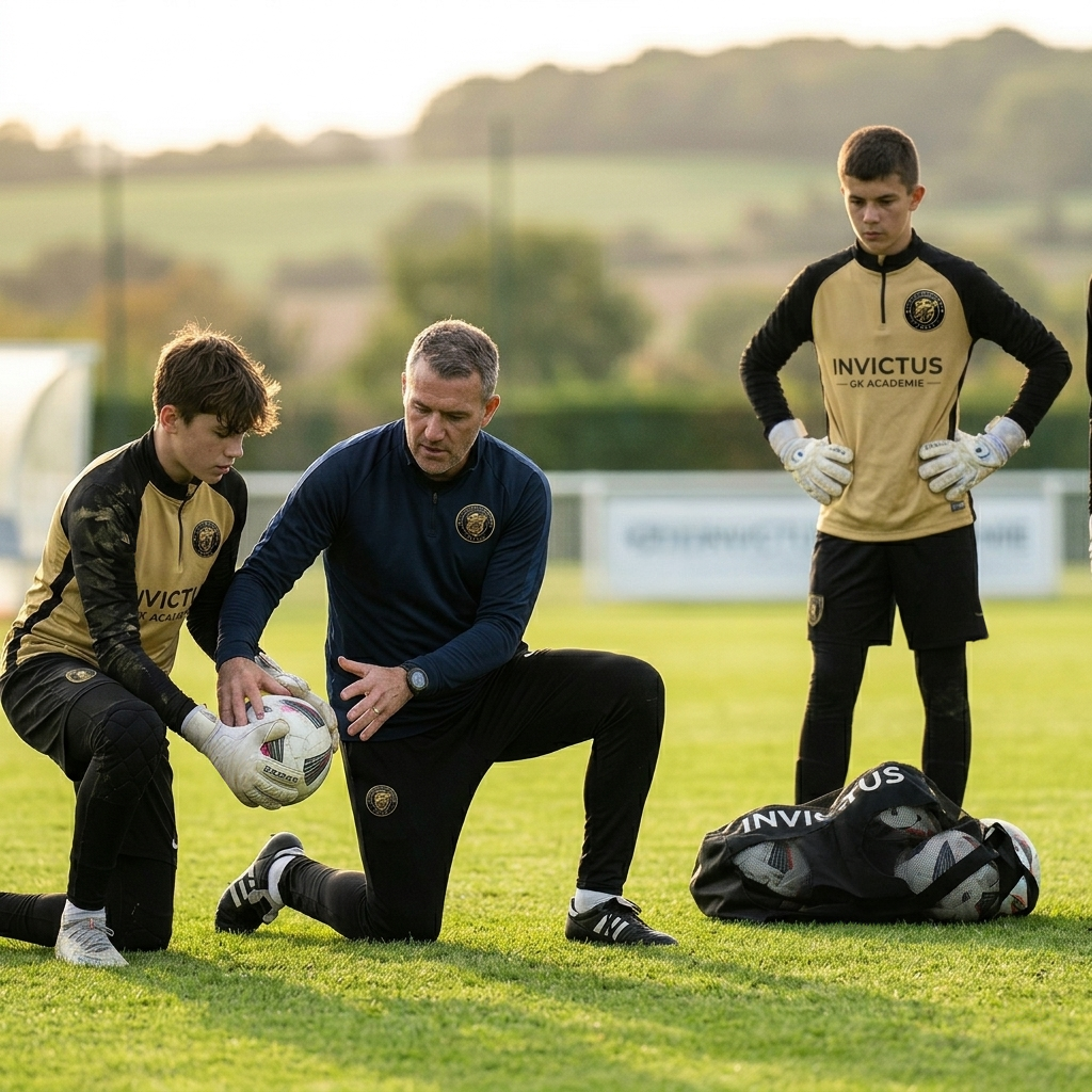 encadrement Entraînement de football, un entraîneur montre une technique à un joueur sur le terrain.